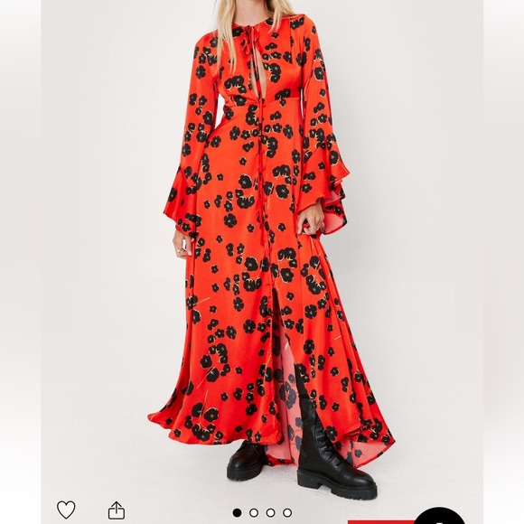nasty gal red floral dress Warehouse Women's Floral Crinkle Satin Bias Button Side Midi Dress in Orange
